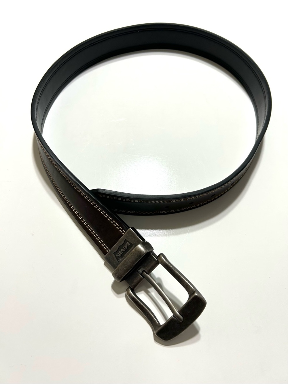 Levi's Men’s Dark Brown Leather Belt with Brushed Silver Buckle